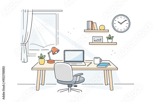 Home daylight optimization workspace. A home office setup placed near a window, with a desk oriented to benefit from indirect daylight. The scene feels