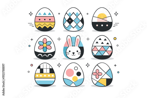 Easter eggs geometric design. Geometric Easter eggs arranged symmetrically with clean patterns and calm spring colors. Modern festive mood with a minimal