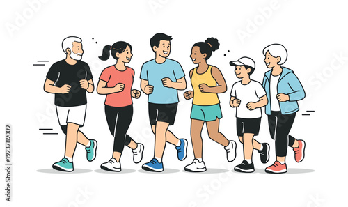 Easy-paced group jog. A mixed-age group running comfortably together, maintaining conversation and relaxed posture. Balance, wellness, and
