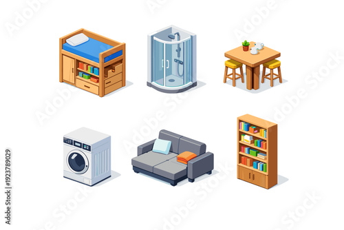Micro apartment. Isometric flat vector icons set of Micro apartment: loft bed with storage, corner shower unit, compact dining table,