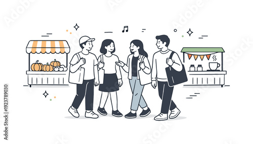 Seasonal outdoor markets strolling. A small group walking together through the market with tote bags, chatting casually as stalls pass by.