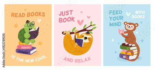 Cute animals read books cards. Funny turtle, sloth and monkey lovers of literature, cartoon kids educational mascots, childish print for nursery decor friendly poster design garish vector set