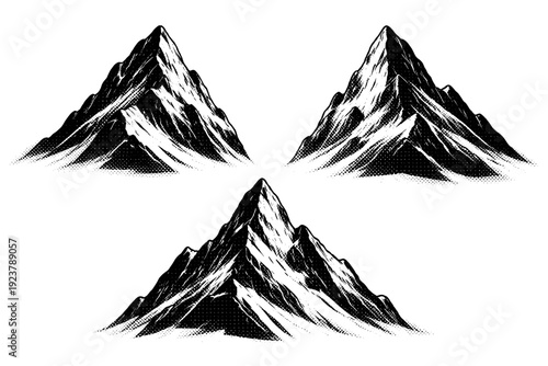 Mountain peak. A sculptural mountain peak form with angular planes and steep slopes, represented as the same object shown from