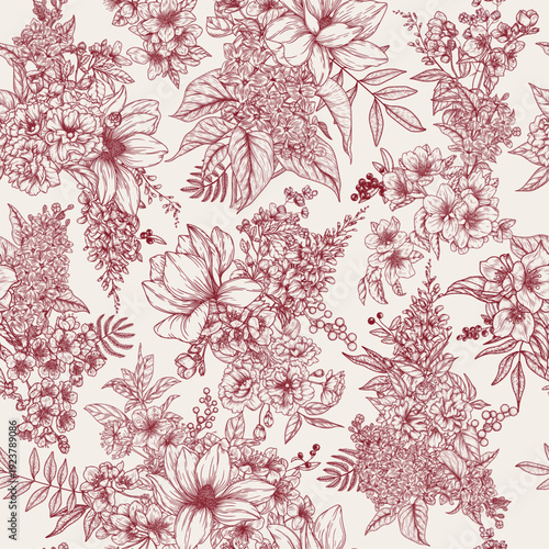 Seamless vector pattern with blossoming inflorescences. Sakura, blossoming apple trees, and cherry trees. Print with spring flowers. Delicate background with blossoming branches.