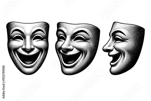 Dramatic Mask Perspectives. Theater mask depicted as a classical theatrical face mask with exaggerated features shown in front view, three-quarter angled view,