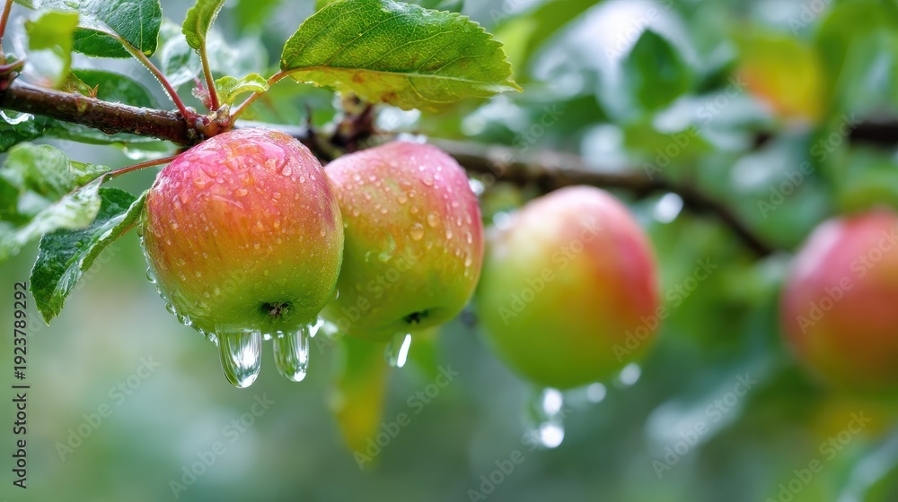Obraz premium Fresh Juicy Apples with Raindrops on Branch Surrounded by Lush Green Foliage in Natural Light - Perfect for Seasonal Themes and Healthy Living Concepts