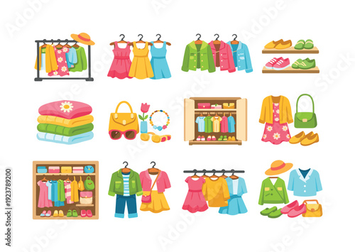 Seasonal outfit display. Colorful flat vector icons set of Seasonal outfit display: spring