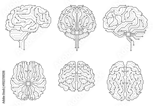 Circuit board brains. Technical schemes, electronic neural connections, artificial intelligence, digital technology, line isolated elements for innovation logotype, qualitative vector set