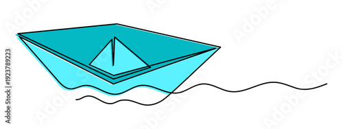 Paper boat origami one line art, hand-drawn ship sailing on wavy water river continuous contour. Trendy sea yacht sailboat travel journey trip outline minimalist linear symbol. Editable stroke. Vector