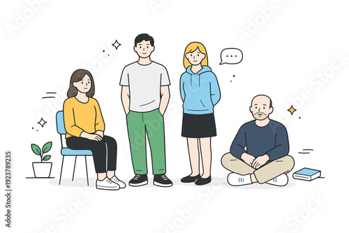 Everyday realism in facial expressions. A small group of characters with relaxed posture and neutral faces, standing or sitting quietly. Natural, understated