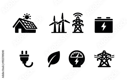 Renewable energy systems. Filled icon set of Renewable energy systems: solar roof, wind farm