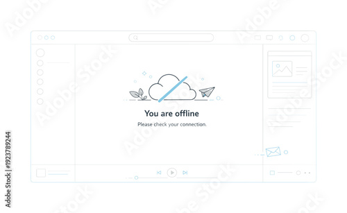 Offline mode concepts. A wide interface view shows all major UI sections dimmed or in placeholder mode, with a central calm offline icon and