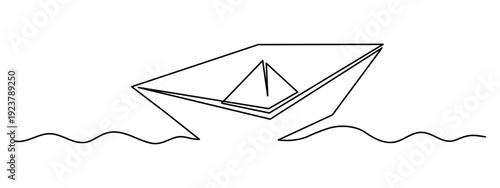 Paper boat origami one line art, hand-drawn ship sailing on wavy water river continuous contour. Trendy sea yacht sailboat travel journey trip outline minimalist linear symbol. Editable stroke. Vector
