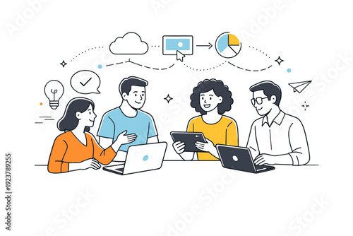 Collaborative technology use. A group of people gathered around a table with laptops and tablets, sharing screens and ideas, subtle abstract shapes and lines