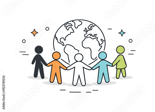 Global unity concept. A minimal set of icons showing abstract people figures holding hands around a simplified globe, symbolizing cooperation