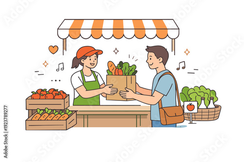 Local market shopping. A vendor and customer exchanging a paper bag with groceries at a small market stall. Friendly interaction, community feeling, and fresh