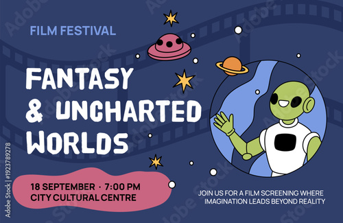 Cinema fest poster template. Modern movie festival invitation, sci fi video, ufo and fantastic films, life in space, planets and stars, banner design, garish vector cartoon isolated concept