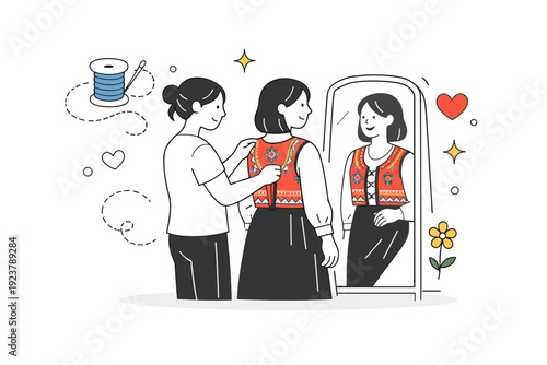 Costume fitting session. A person helping another try on a traditional embroidered vest or dress in front of a mirror, abstract floating icons of thread,