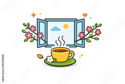 Spring slow living calm daily scene with a cup of tea, open window, and blooming branches, conveying mindfulness, comfort, and unhurried