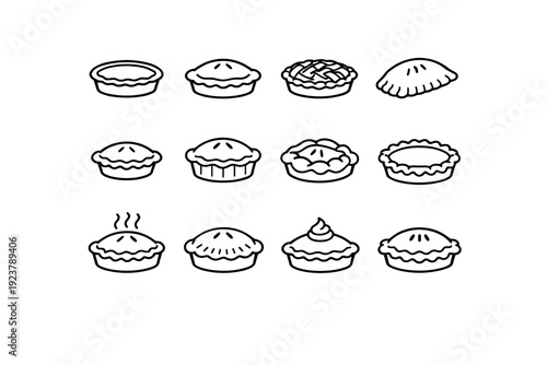Pie Styles. Line icon set of Pie Styles: open face pie, double crust pie, lattice top pie, hand pie, mini pie, deep dish pie, rustic pie, decorative edge pie,