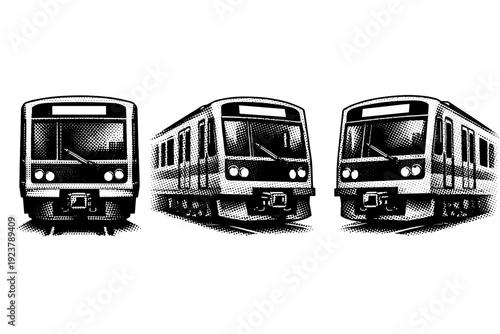 Train front view subway train. A metro subway train with boxy front, large front window, destination sign area, and symmetrical headlights