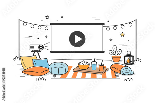 Outdoor movie nights. Backyard setup with projector, string lights, and cushions arranged neatly. Thoughtful preparation and cozy ambiance