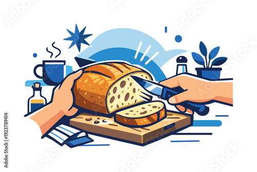 Golden Sourdough Slice. Freshly baked loaf. Hands holding a golden sourdough while the first slice is cut,