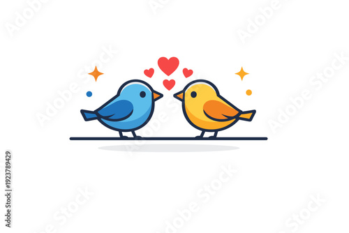 Birds two birds facing each other on a wire with small hearts and dots, conveying companionship, communication, and gentle emotion. Minimalist flat vector