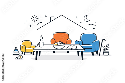 Intergenerational living objects. A calm editorial scene with symbolic objects like armchairs of different sizes, shared table, and house outline, representing