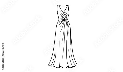 Flowing maxi dress front view line art vector