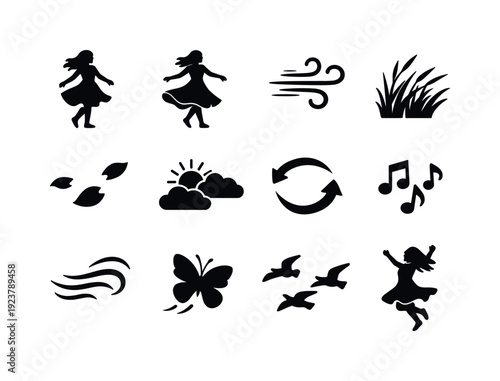 Spring wind moment. Filled icon set of Spring wind moment: girl turning, flowing dress, wind