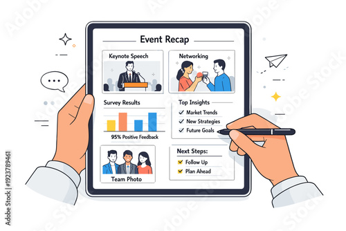 Post-Event Recap Visual. A person reviewing key highlights on a tablet with photos, charts, and short notes arranged neatly. The scene