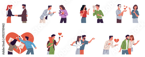 Betrayal people. Hypocrites, fake friends and liars, dishonesty characters, emotional abuse, couple breakup negative emotions, psychological scenes, nowaday vector cartoon isolated set