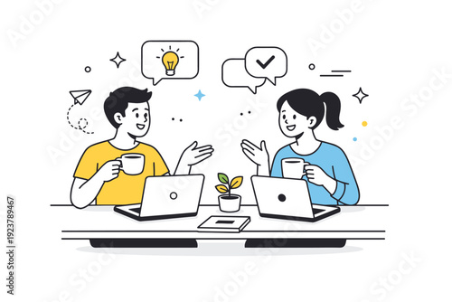 Working from a coffee shop. Two simple characters sharing a table, laptops open, exchanging ideas while sipping coffee. Friendly collaboration and casual