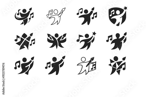 Individuals engaged in artistic expression (performance, visual art, music). Icon set. Set Logo of Individuals engaged in artistic expression