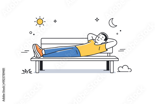 People lying on benches. A person stretches out on a simple public bench, hands behind head, eyes closed. Quiet rest in an everyday urban