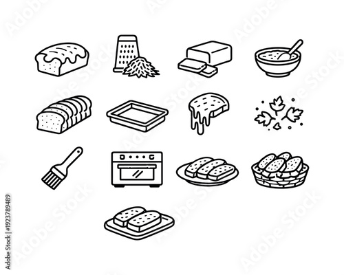 Cheesy garlic bread. Line icon set of Cheesy garlic bread: cheese loaf, grated cheese, mozzarella block, garlic butter, sliced bread, oven