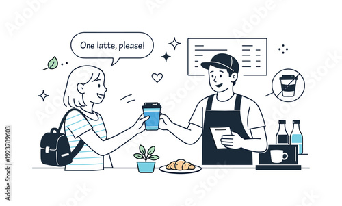 Mindful Coffee Moment. Reusable product lifestyle scenes. Person ordering coffee with a reusable cup at a cafe counter, friendly interaction and mindful