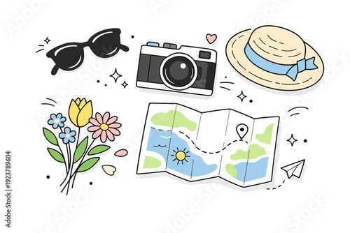 Spring seasonal holiday flatlays ? Spring travel holiday flatlay with sunglasses, camera, flowers, and map. Sense of anticipation and seasonal escape, clean