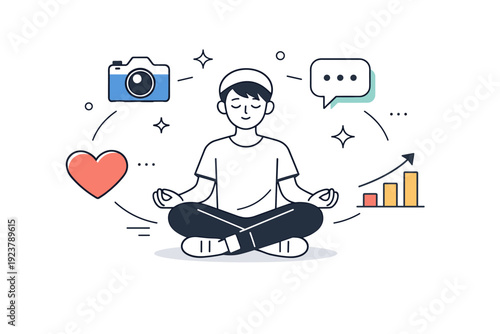 Influencer lifestyle. Abstract scene with icons of camera, heart, message, and chart floating around a person, visual metaphor for digital life balance.