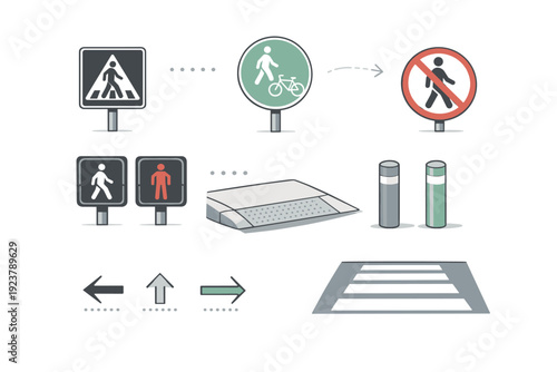 Walkable city infrastructure objects pedestrian signs. A collection of minimal street elements like pedestrian signs, walk signals, curb ramps, and bollards,
