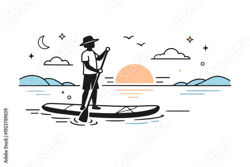 Paddleboarding at sunrise. Wide composition with open water, distant shoreline, and soft sunrise colors. Sense of freedom and quiet exploration. Minimalist