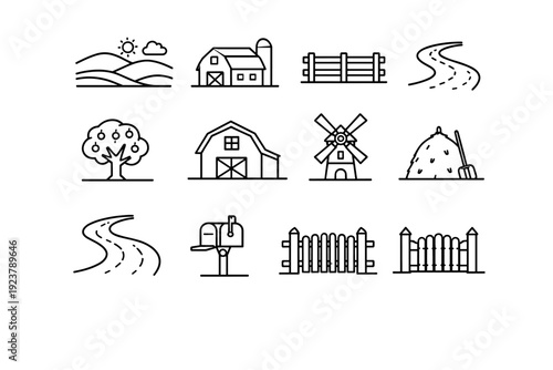 Countryside Setting. Line icon set of Countryside Setting: rolling hills, farmhouse, wooden fence, gravel path, open sky, fruit tree, barn, windmill, haystack,