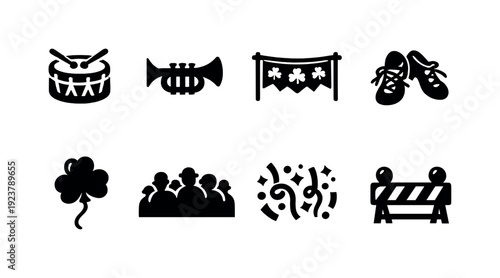 St. Patrick?s Day parade. Filled icon set of St. Patrick?s Day parade: marching band drum,