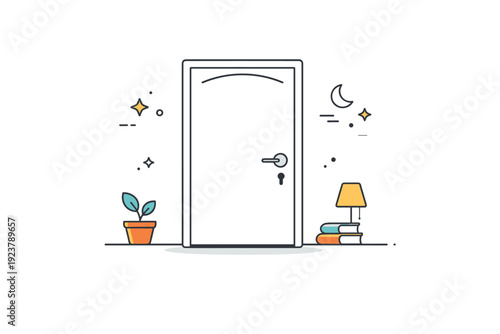 Personal space at rest. A closed bedroom or study door with minimal surrounding details. Quiet moment suggesting rest, focus, or solitude inside. Minimalist