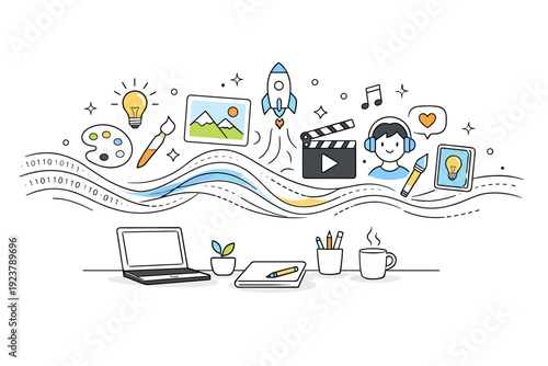 Digital Creativity Flow. Generative AI creativity. Flowing data lines transforming into images and icons above a workspace. Smooth transition from data to