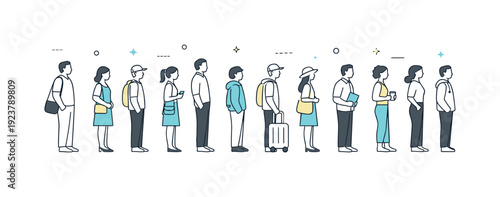 People waiting in lines. A long minimal queue seen from the side, figures evenly spaced. Repetitive shapes creating rhythm and calm