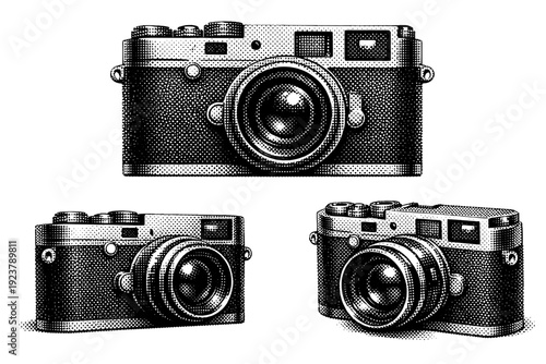 Halftone rangefinder camera A single rangefinder camera shown in three views including front view, side profile view, and three-quarter view.