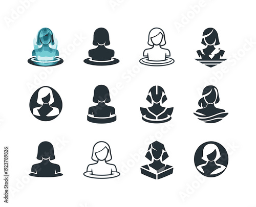 Using a virtual assistant avatar. Icon set. Set Logo of Using a virtual assistant avatar: holographic assistant bust. harmonious logo