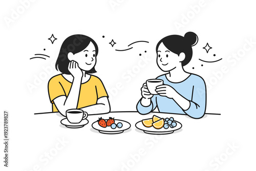 Two friends enjoying spring brunch. Minimal plates with fruit and coffee, soft shadows and gentle smiles between seated characters, abstract floating stars and
